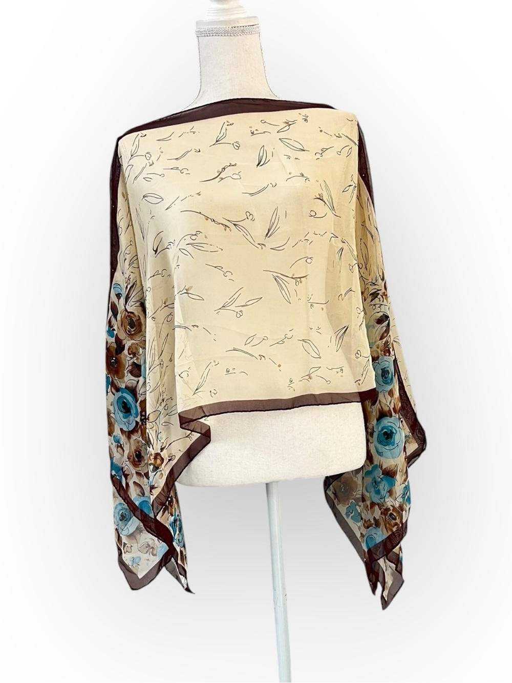 Espresso Brown Blue Tan Cottagecore Floral Convertible Scarf Wrap Kimono NWT